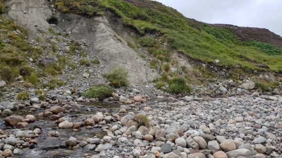 River bank erosion in the upper Markie Burn. There are much worse erosion scars further upstream